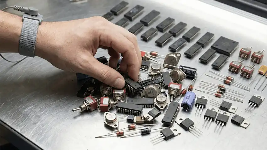 一只戴着防静电腕带的手正在整理一堆废旧电子零件